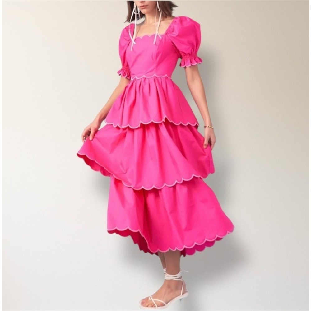 English Factory Anthropologie L Pink Scallop Tiered Maxi Dress Puff Sleeve Boho - Picture 2 of 7